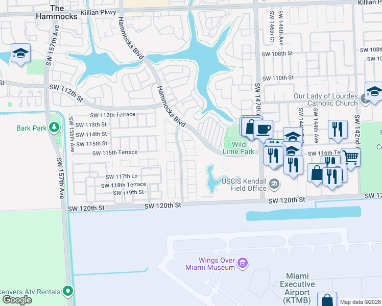 map of restaurants, bars, coffee shops, grocery stores, and more near 11587 Southwest 150th Place in Miami
