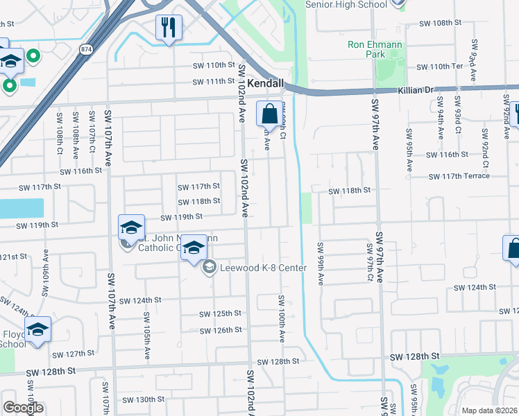 map of restaurants, bars, coffee shops, grocery stores, and more near 10120 Southwest 118th Terrace in Miami