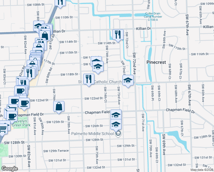 map of restaurants, bars, coffee shops, grocery stores, and more near 7380 Southwest 120th Street in Miami