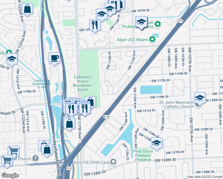 map of restaurants, bars, coffee shops, grocery stores, and more near 11730 Southwest 113th Court in Miami
