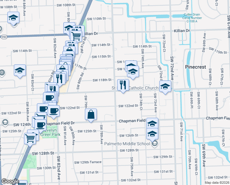 map of restaurants, bars, coffee shops, grocery stores, and more near 7700 Southwest 120th Street in Miami