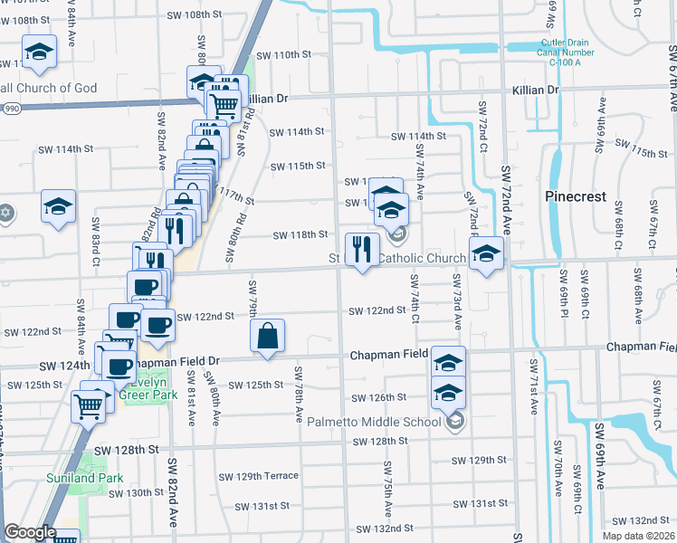 map of restaurants, bars, coffee shops, grocery stores, and more near 7700 Southwest 120th Street in Miami
