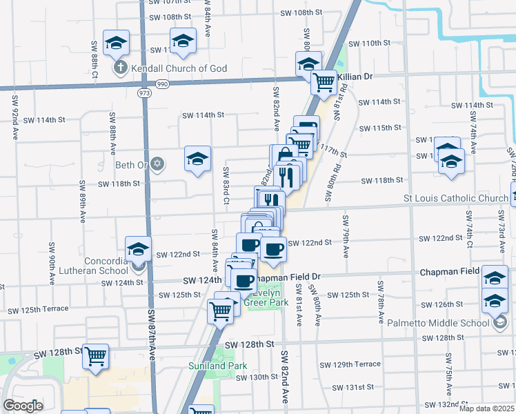map of restaurants, bars, coffee shops, grocery stores, and more near 11921 Southwest 82nd Road in Miami