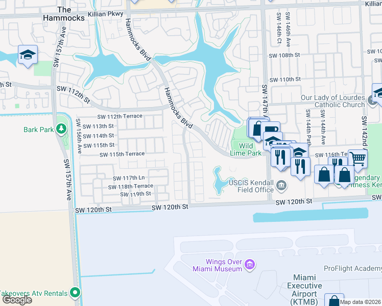 map of restaurants, bars, coffee shops, grocery stores, and more near 11541 Southwest 151st Place in Miami