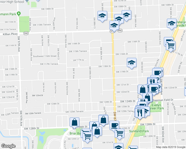map of restaurants, bars, coffee shops, grocery stores, and more near 11945 Southwest 89th Avenue in Miami
