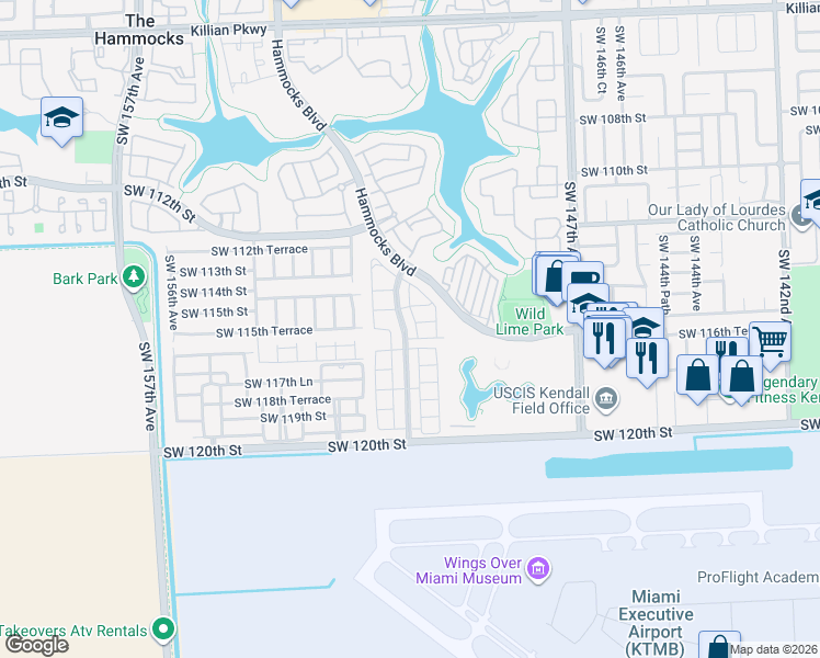 map of restaurants, bars, coffee shops, grocery stores, and more near 11541 Southwest 151st Place in Miami