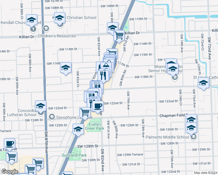 map of restaurants, bars, coffee shops, grocery stores, and more near 11942 Southwest 81st Road in Pinecrest