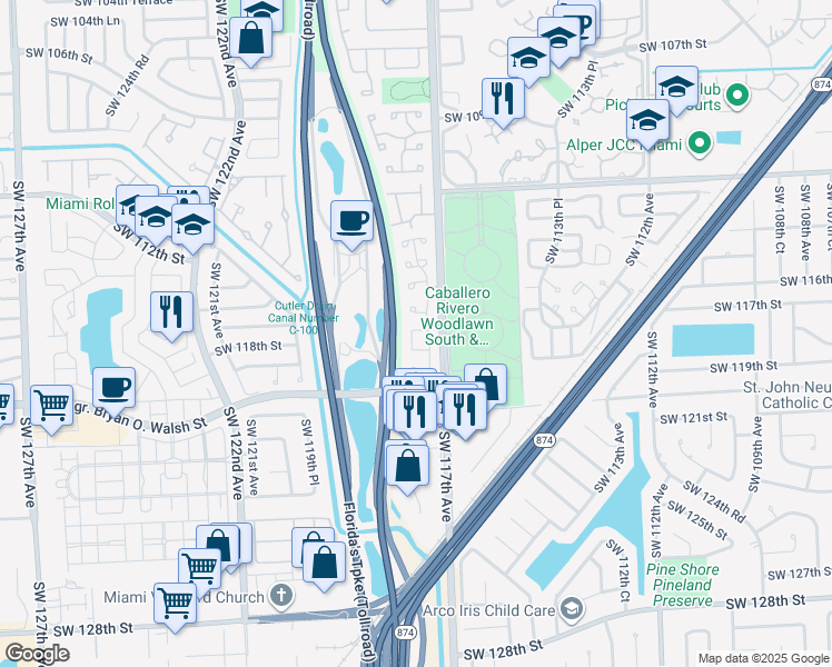 map of restaurants, bars, coffee shops, grocery stores, and more near 11826 Southwest 117th Place in Miami