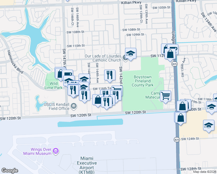 map of restaurants, bars, coffee shops, grocery stores, and more near 11621 Southwest 142nd Place in Miami