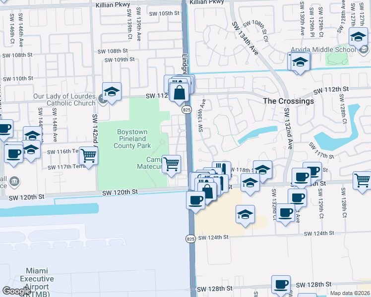 map of restaurants, bars, coffee shops, grocery stores, and more near 13752 Southwest 116th Lane in Miami
