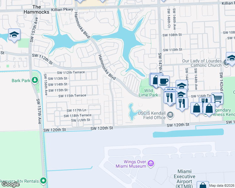 map of restaurants, bars, coffee shops, grocery stores, and more near 15082 Southwest 115th Terrace in Miami