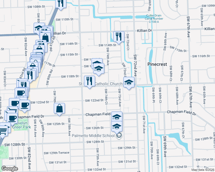 map of restaurants, bars, coffee shops, grocery stores, and more near 7400 Southwest 120th Street in Pinecrest