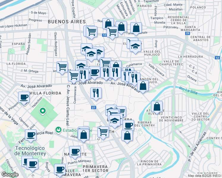 map of restaurants, bars, coffee shops, grocery stores, and more near 1000 Avenida José Alvarado in Monterrey