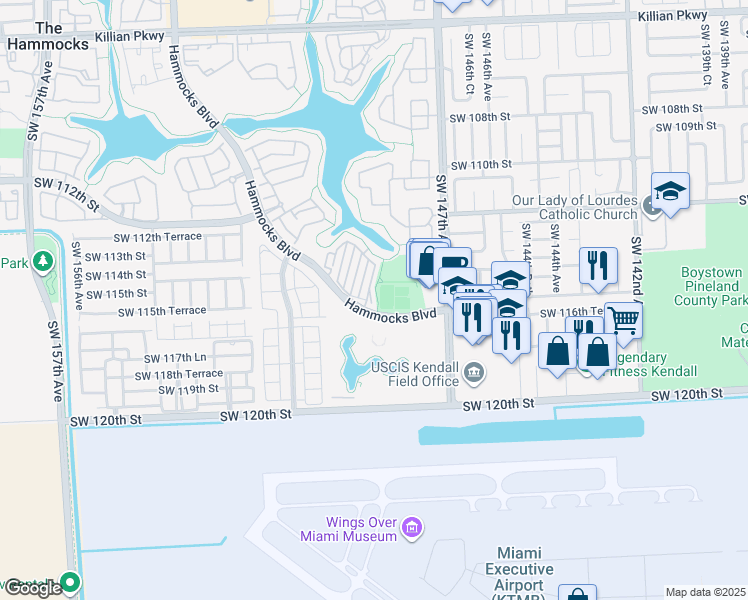 map of restaurants, bars, coffee shops, grocery stores, and more near 11561 Southwest 148th Court in Miami
