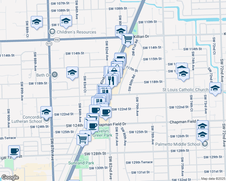 map of restaurants, bars, coffee shops, grocery stores, and more near 11973 South Dixie Highway in Pinecrest