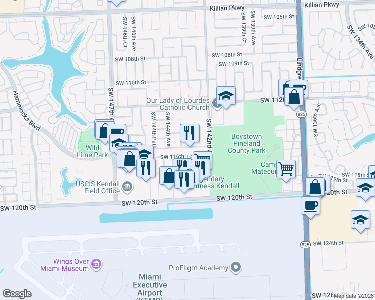 map of restaurants, bars, coffee shops, grocery stores, and more near 11621 Southwest 142nd Place in Miami