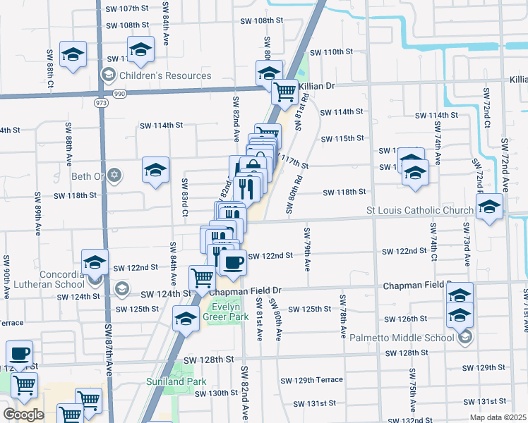 map of restaurants, bars, coffee shops, grocery stores, and more near 11942 Southwest 81st Road in Pinecrest