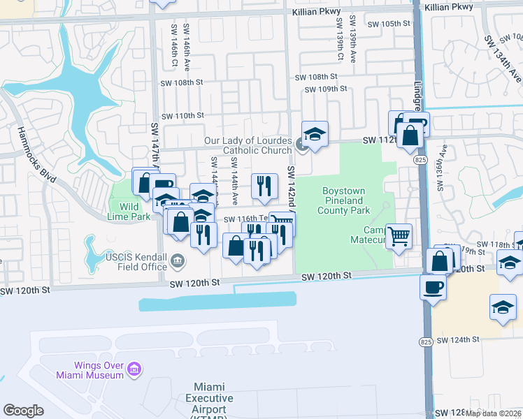 map of restaurants, bars, coffee shops, grocery stores, and more near 11621 Southwest 142nd Place in Miami