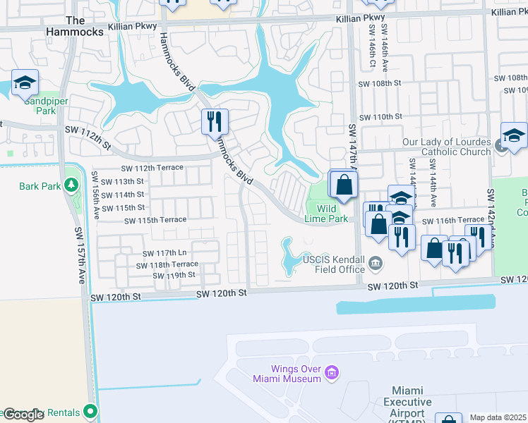 map of restaurants, bars, coffee shops, grocery stores, and more near 11587 Southwest 150th Place in Miami