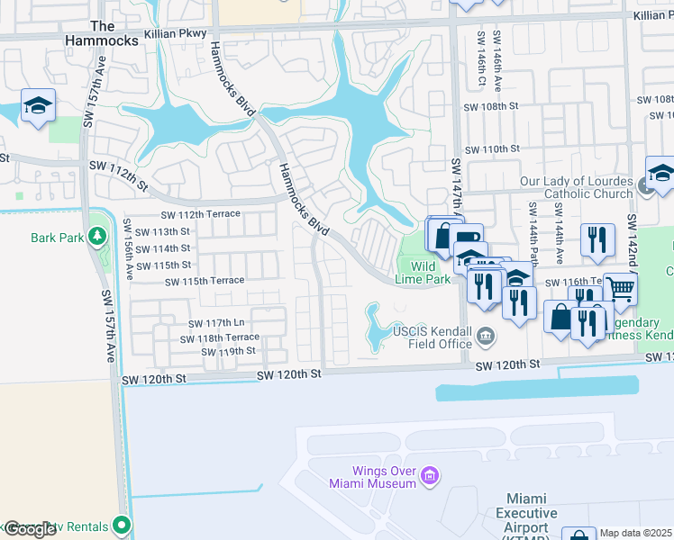 map of restaurants, bars, coffee shops, grocery stores, and more near 11587 Southwest 150th Place in Miami
