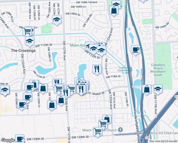map of restaurants, bars, coffee shops, grocery stores, and more near 11721 Southwest 123rd Avenue in Miami