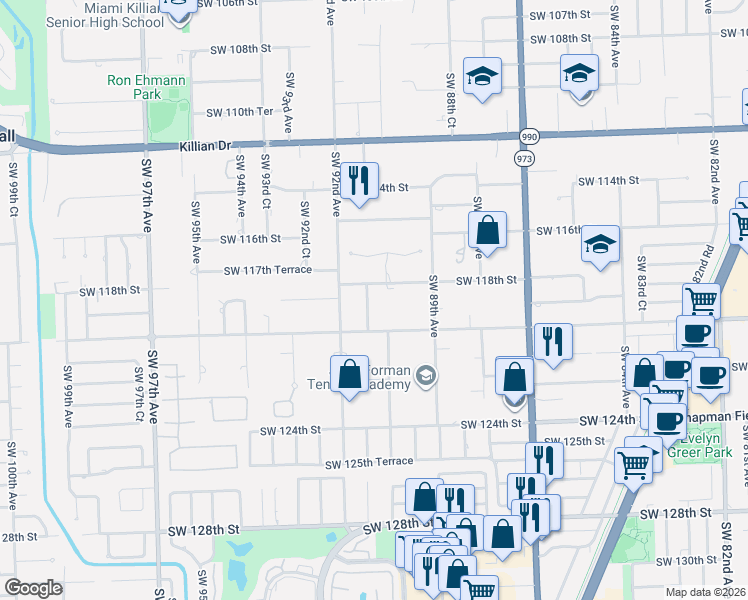 map of restaurants, bars, coffee shops, grocery stores, and more near 9001 Southwest 120th Street in Miami