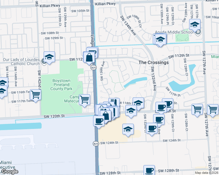 map of restaurants, bars, coffee shops, grocery stores, and more near 11714 Southwest 135th Place in Miami