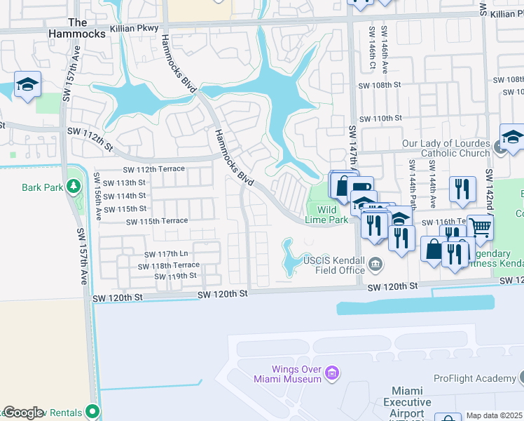 map of restaurants, bars, coffee shops, grocery stores, and more near 11587 Southwest 150th Place in Miami