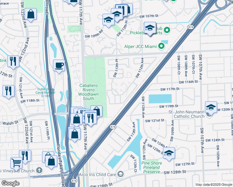 map of restaurants, bars, coffee shops, grocery stores, and more near 11730 Southwest 113th Court in Miami