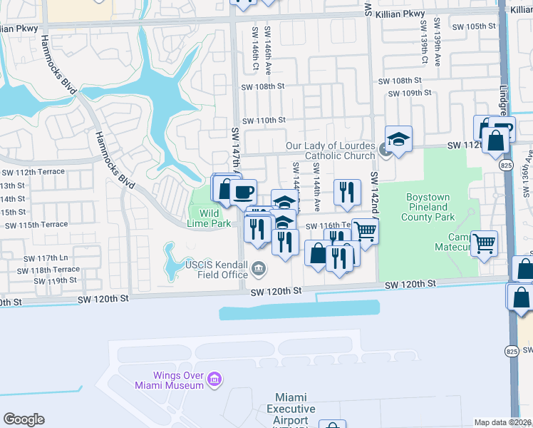 map of restaurants, bars, coffee shops, grocery stores, and more near 11560 Southwest 145th Avenue in Miami