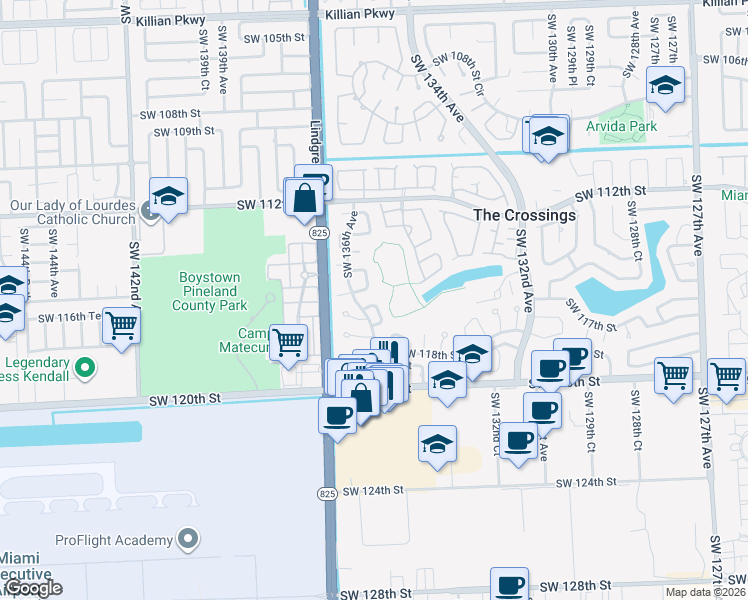 map of restaurants, bars, coffee shops, grocery stores, and more near 11714 Southwest 135th Place in Miami