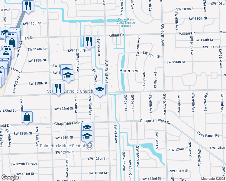 map of restaurants, bars, coffee shops, grocery stores, and more near 7125 Southwest 120th Street in Miami