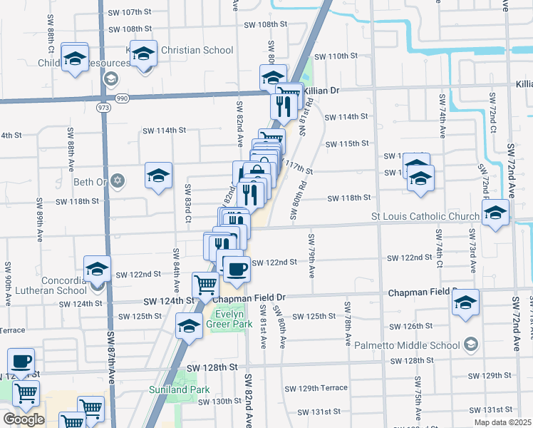 map of restaurants, bars, coffee shops, grocery stores, and more near 11820 Southwest 81st Road in Miami