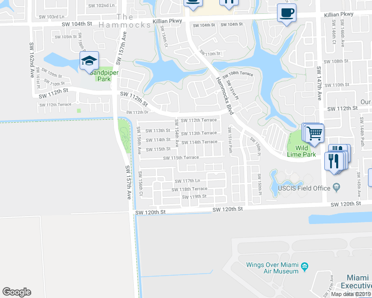 map of restaurants, bars, coffee shops, grocery stores, and more near 17443 Southwest 153rd Place in Miami