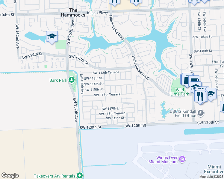 map of restaurants, bars, coffee shops, grocery stores, and more near 17373 Southwest 153rd Place in Miami