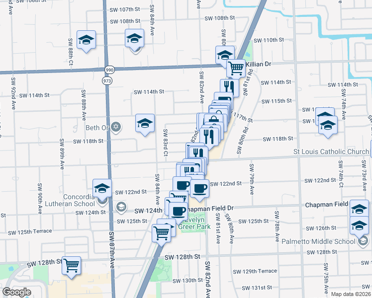 map of restaurants, bars, coffee shops, grocery stores, and more near 8265 Southwest 118th Terrace in Miami