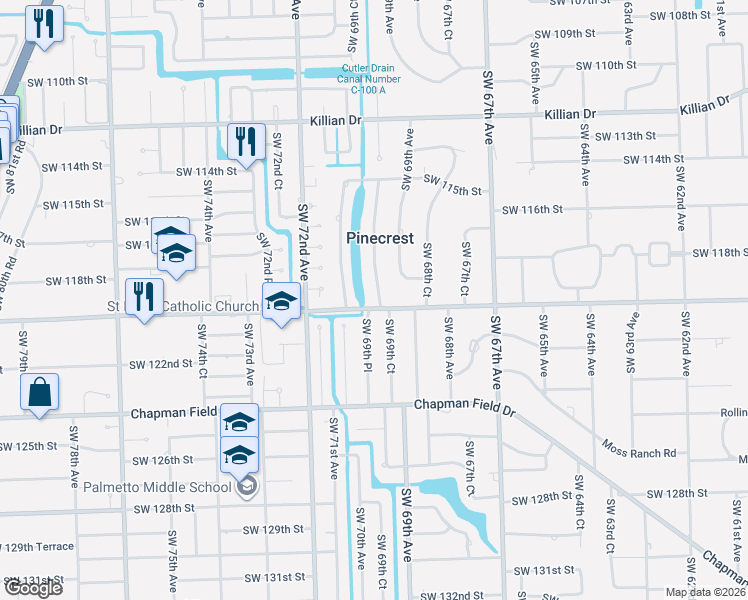 map of restaurants, bars, coffee shops, grocery stores, and more near 11901 Southwest 69th Court in Miami