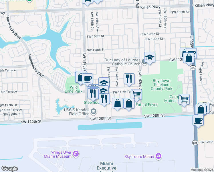 map of restaurants, bars, coffee shops, grocery stores, and more near 14463 Southwest 115th Street in Miami