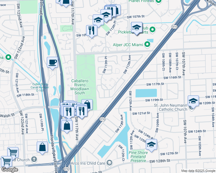 map of restaurants, bars, coffee shops, grocery stores, and more near 11256 Southwest 116th Lane in Miami