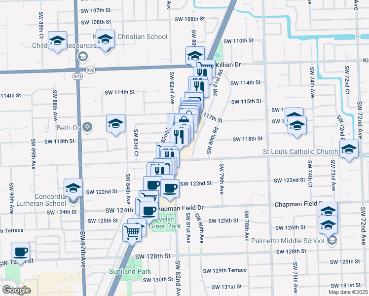 map of restaurants, bars, coffee shops, grocery stores, and more near 11820 Southwest 81st Road in Miami