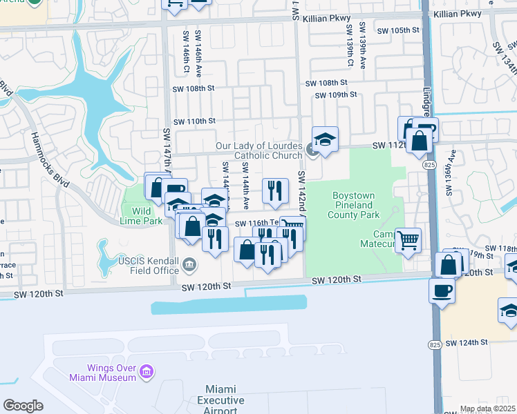 map of restaurants, bars, coffee shops, grocery stores, and more near 14346 Southwest 114th Terrace in Miami