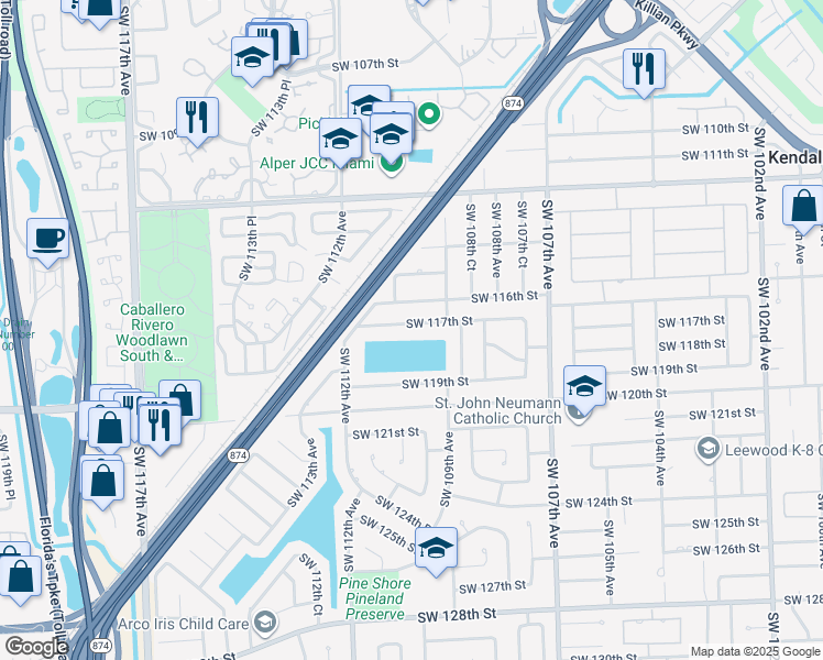 map of restaurants, bars, coffee shops, grocery stores, and more near 10961 Southwest 117th Street in Miami