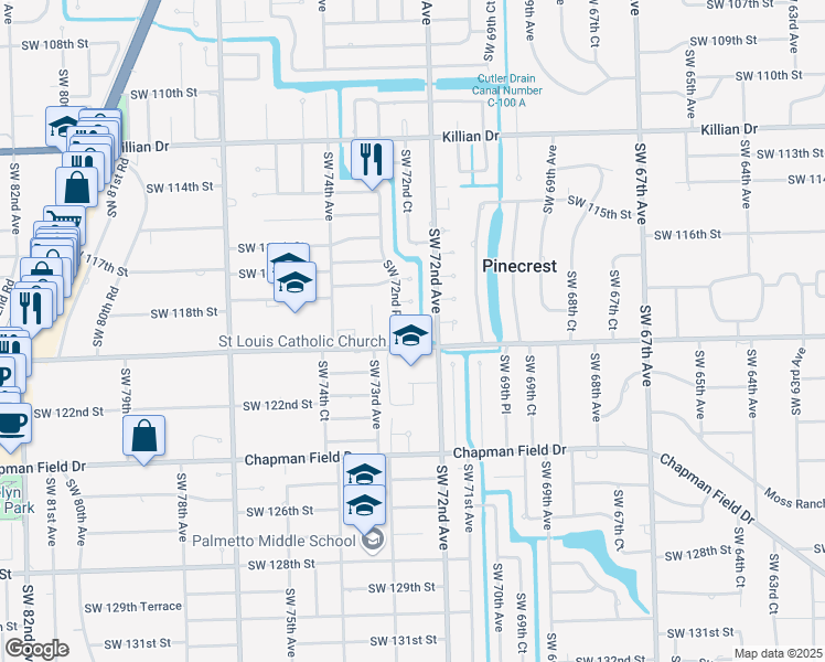map of restaurants, bars, coffee shops, grocery stores, and more near 7261 Southwest 119th Street in Miami