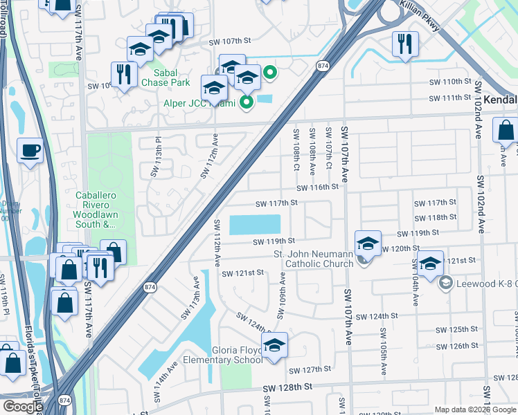 map of restaurants, bars, coffee shops, grocery stores, and more near 10961 Southwest 117th Street in Miami