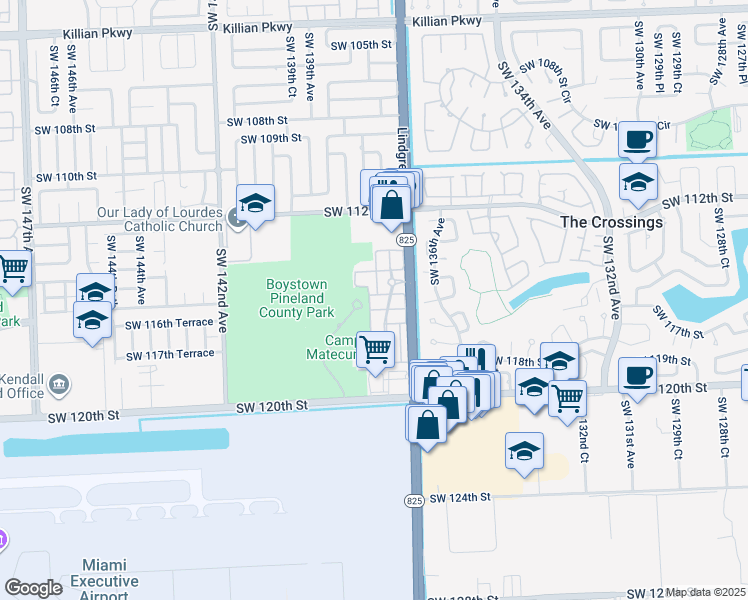 map of restaurants, bars, coffee shops, grocery stores, and more near 13817 Southwest 115 Street in Miami