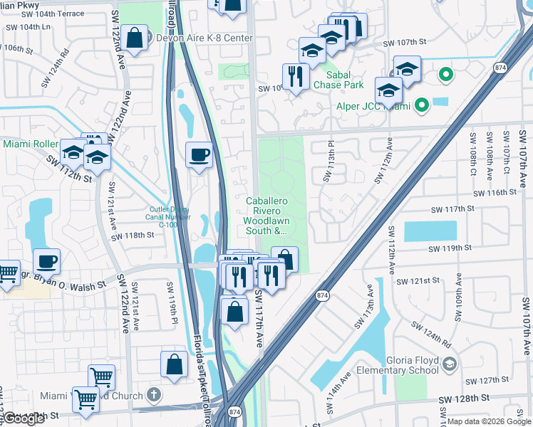 map of restaurants, bars, coffee shops, grocery stores, and more near 11655 Southwest 117th Avenue in Miami