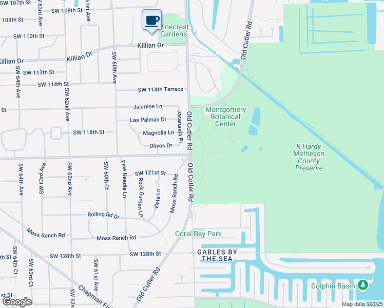 map of restaurants, bars, coffee shops, grocery stores, and more near 11935 Old Cutler Road in Coral Gables