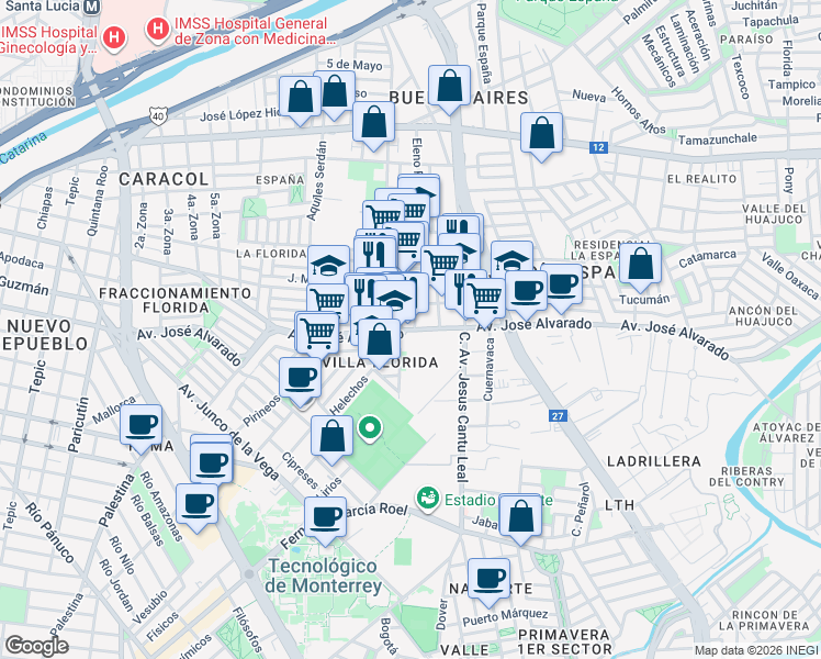 map of restaurants, bars, coffee shops, grocery stores, and more near 1000 Avenida José Alvarado in Monterrey