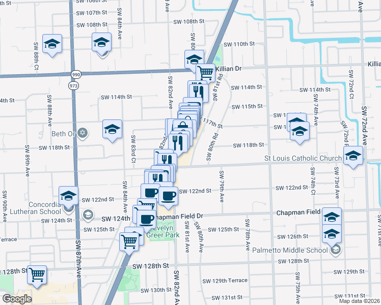 map of restaurants, bars, coffee shops, grocery stores, and more near 11820 Southwest 81st Road in Miami