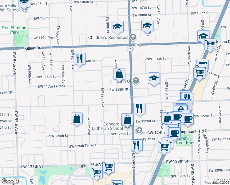 map of restaurants, bars, coffee shops, grocery stores, and more near 11750 Southwest 88th Avenue in Miami